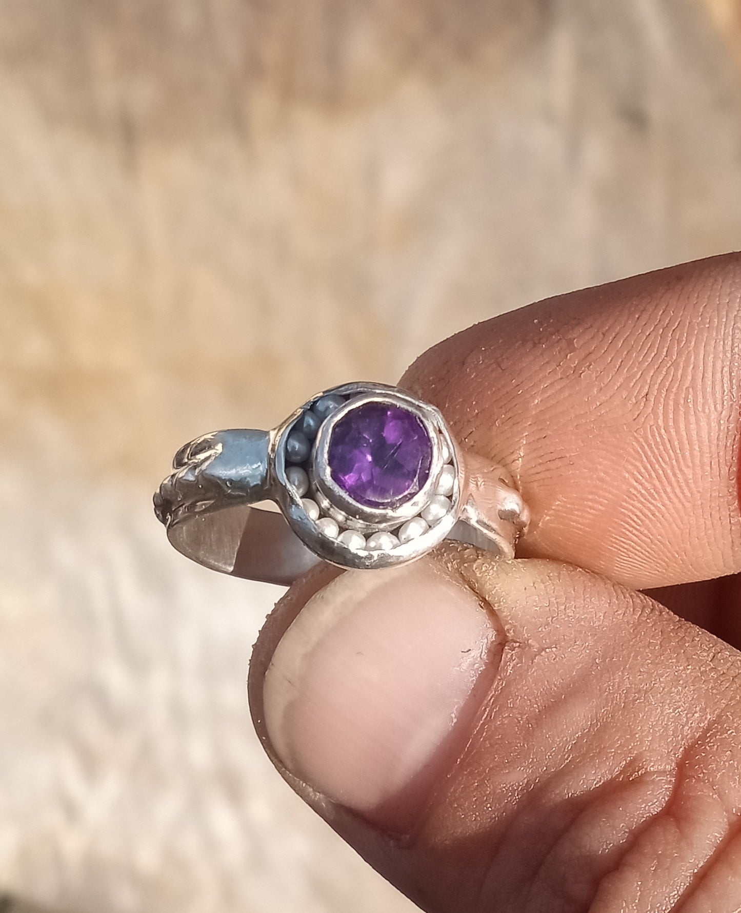 Micro pearls and amethyst ring set in fine silver