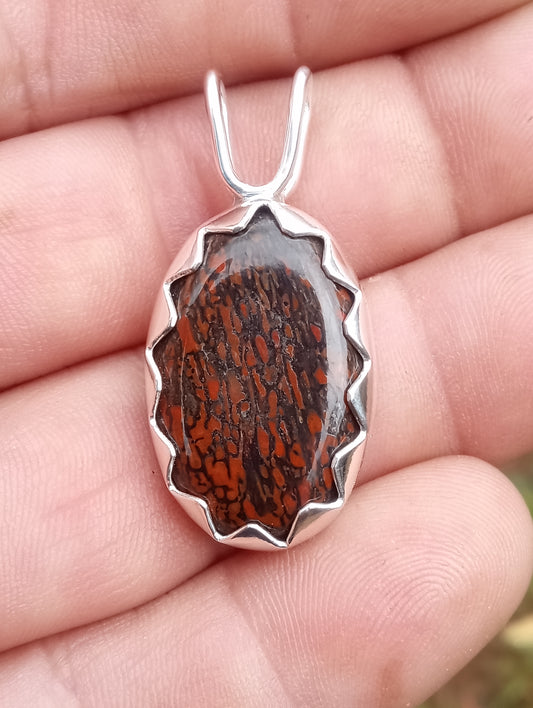 Dinosaur agatized/fossil bone pendant in fine silver