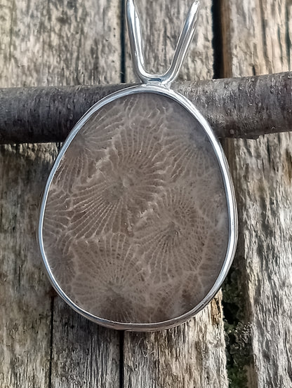 Beautiful vivid Petoskey stone pendant in fine silver